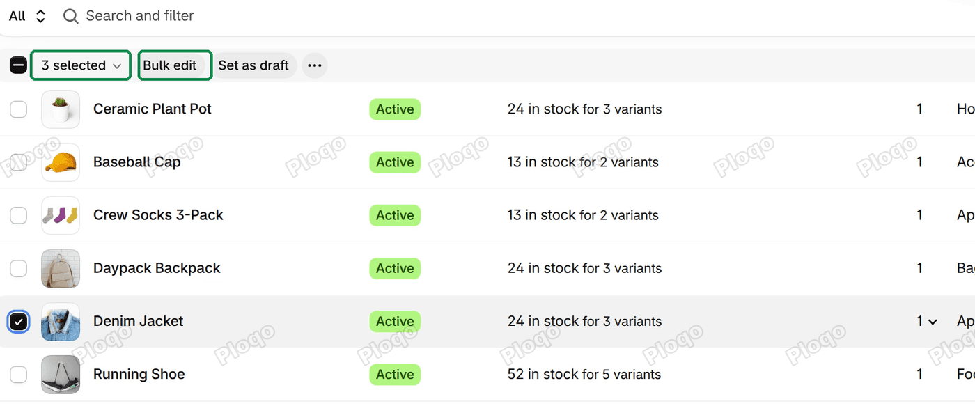 The Shopify Products list with 3 selected and the Bulk edit button in the bar above the list