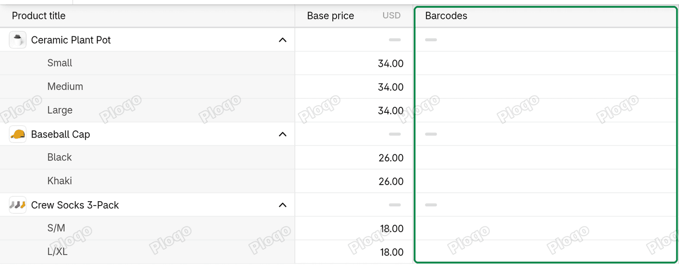 The Shopify bulk editor with a barcode column added for the selected variants