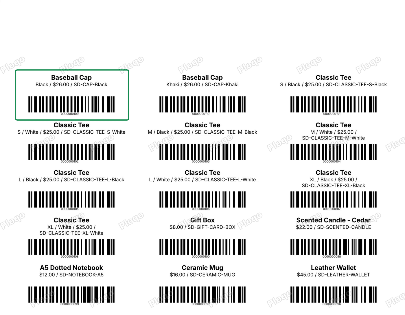 A PDF of Avery 5160 sheet labels made by Ploqo Labels, three across, each with a product name, price and barcode