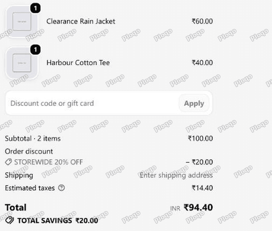 Shopify checkout showing a 100 subtotal with a 20.00 order discount applied across the whole cart