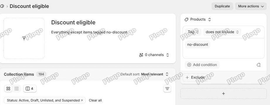 The collection conditions panel showing Tag does not include no-discount, with 194 collection items