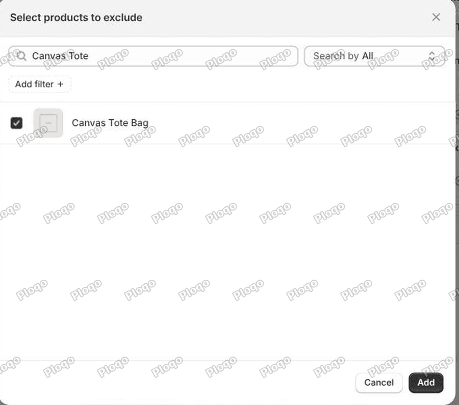 The Select products to exclude dialog with Canvas Tote Bag ticked