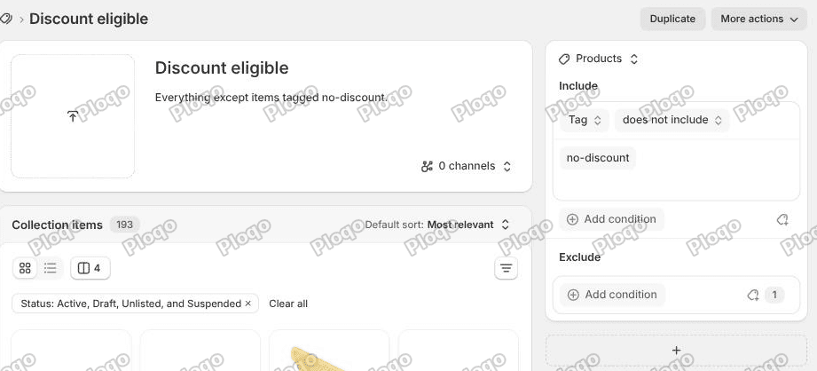 The collection panel showing an Include block with the tag condition and an Exclude block with a count of 1, and the item count down to 193