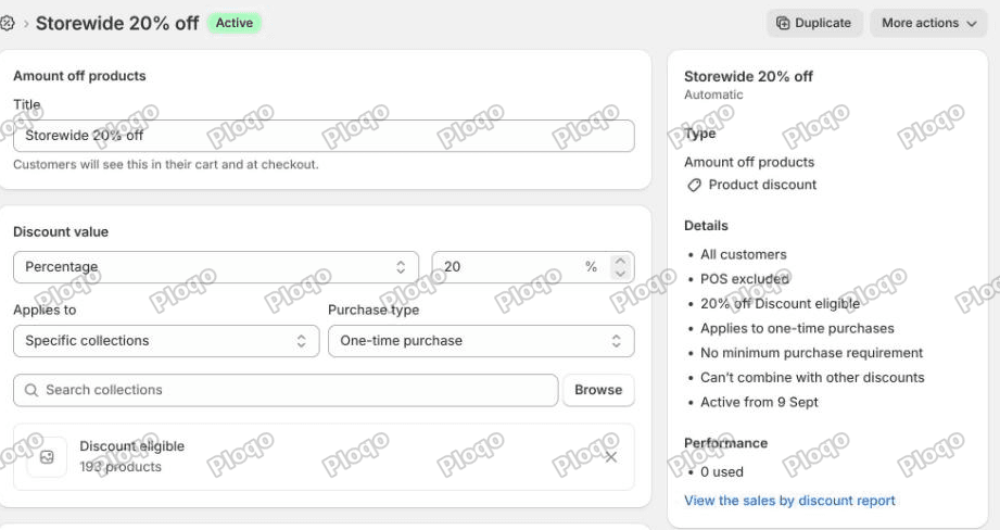The discount page showing Applies to Specific collections with Discount eligible selected, 193 products, and Type Product discount