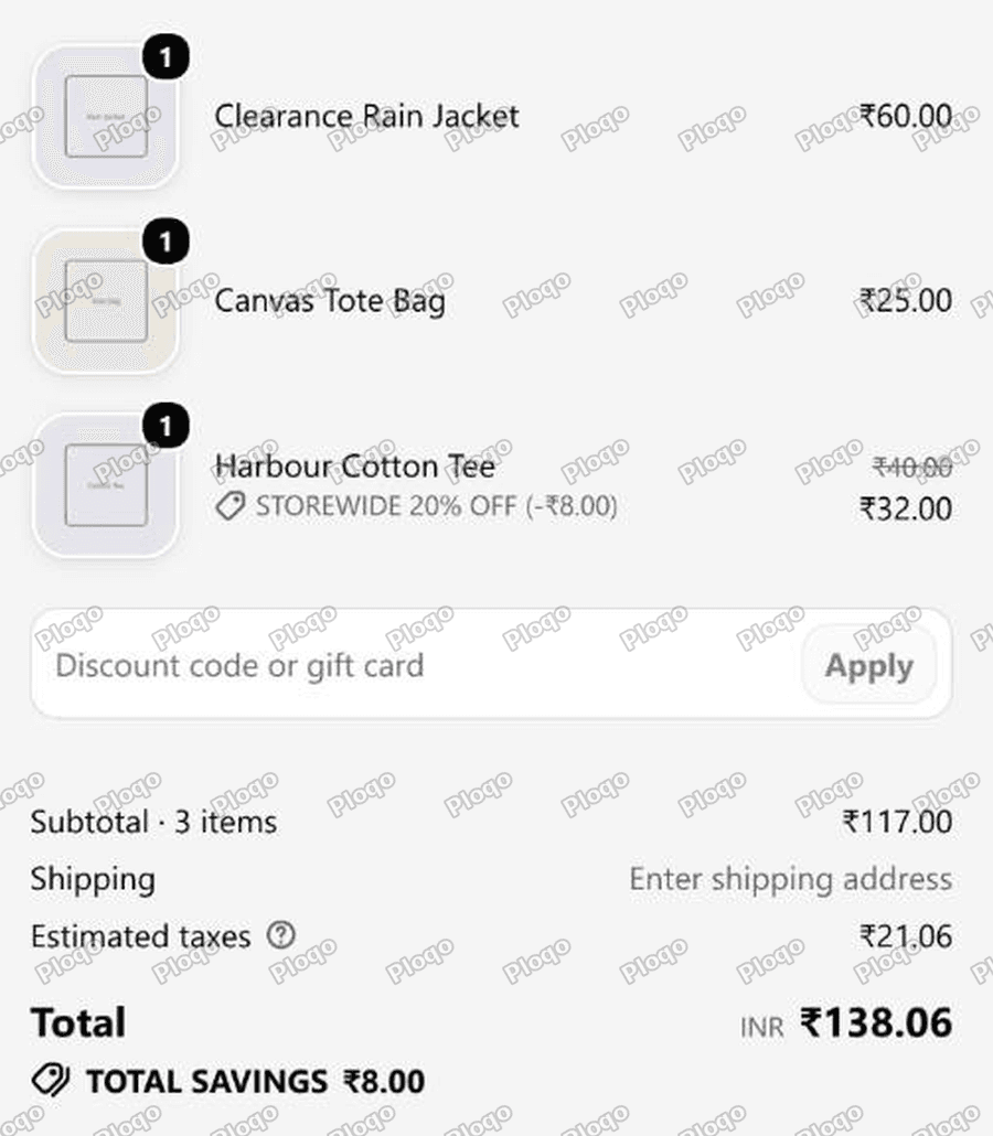 Checkout showing the rain jacket at 60.00 and the tote at 25.00 with no discount, and the tee reduced from 40.00 to 32.00 by the 20 percent discount