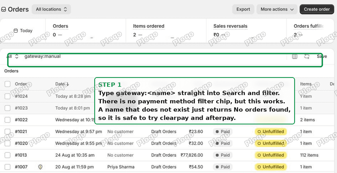 Typing gateway into the Shopify Orders search and filter box to filter by payment provider