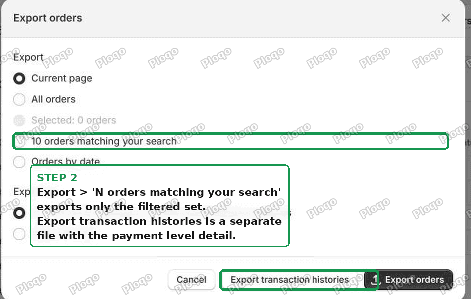 The Shopify export dialog offering to export only the orders matching your current search