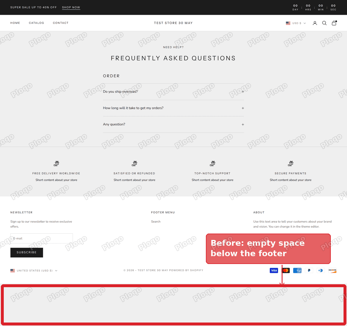A short Prestige FAQ page with a band of empty background below the footer