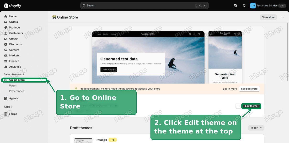 The Shopify Themes page with the current theme's Edit theme button highlighted