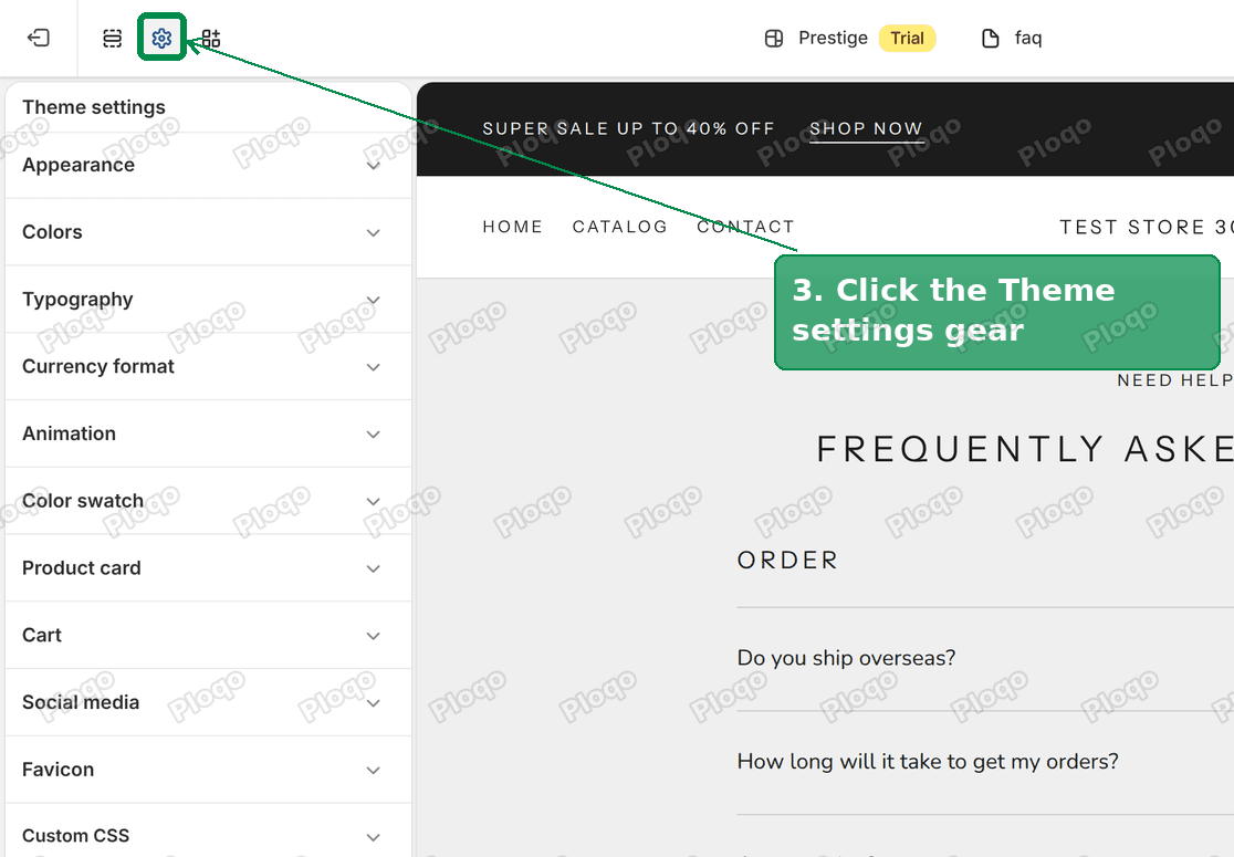 The Prestige theme editor with the Theme settings gear and the settings list highlighted