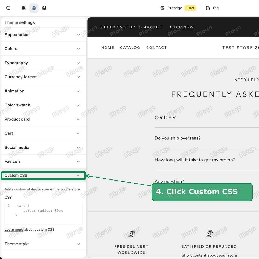 Prestige Theme settings with the Custom CSS panel open
