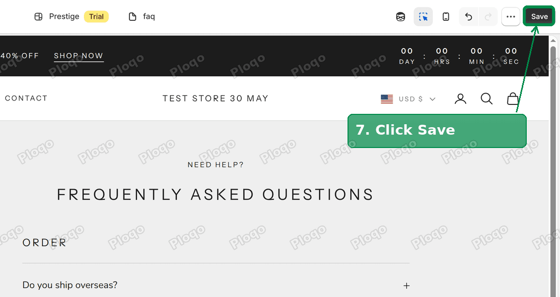 The Save button highlighted in the top right of the theme editor