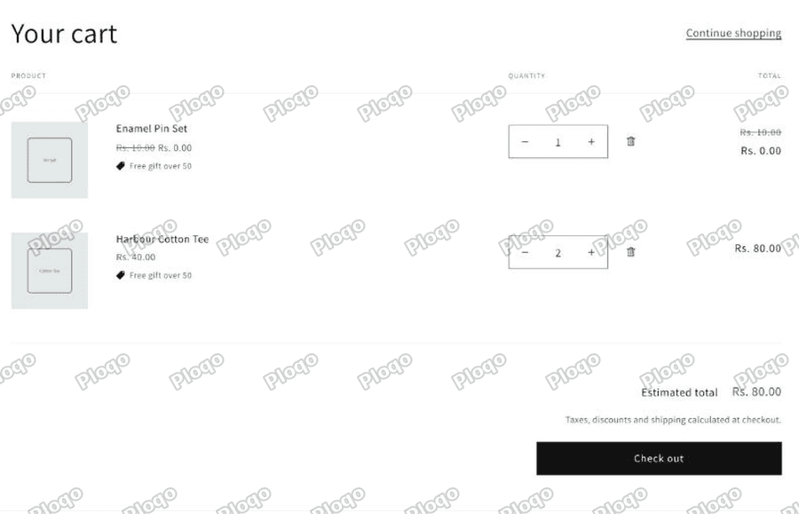The cart with the Enamel Pin Set added, its price struck from 10.00 to 0.00 with a Free gift over 50 badge