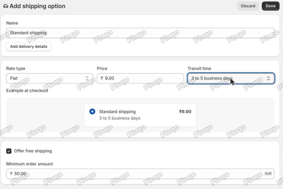 The Add shipping option dialog with Standard shipping at 9.00, transit time 3 to 5 business days, Offer free shipping ticked and a minimum order amount of 50.00