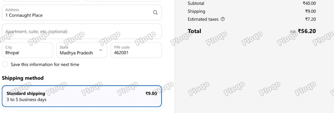 Checkout showing Standard shipping at 9.00 and a total of 56.20 for a 40 cart