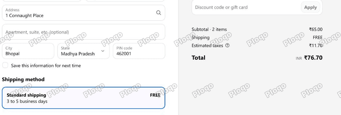 The same checkout at 65, showing Standard shipping FREE and a total of 76.70
