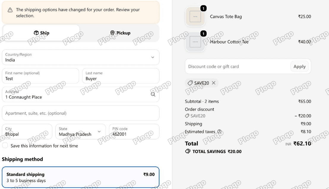 Checkout showing a 65 subtotal with a 20 order discount, shipping back to 9.00, and a banner saying the shipping options have changed