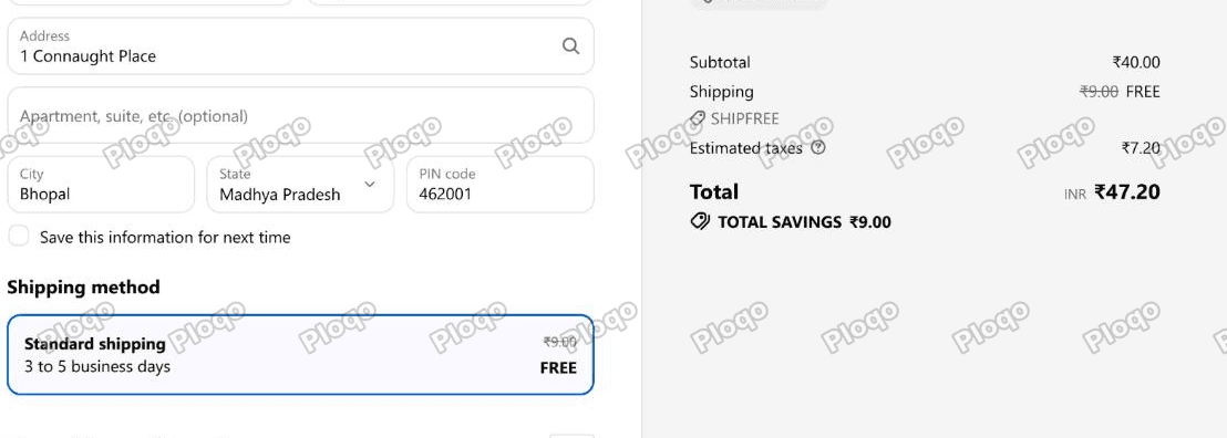 Checkout showing shipping 9.00 struck through and replaced with FREE, credited to the SHIPFREE code, total 47.20 with savings of 9.00