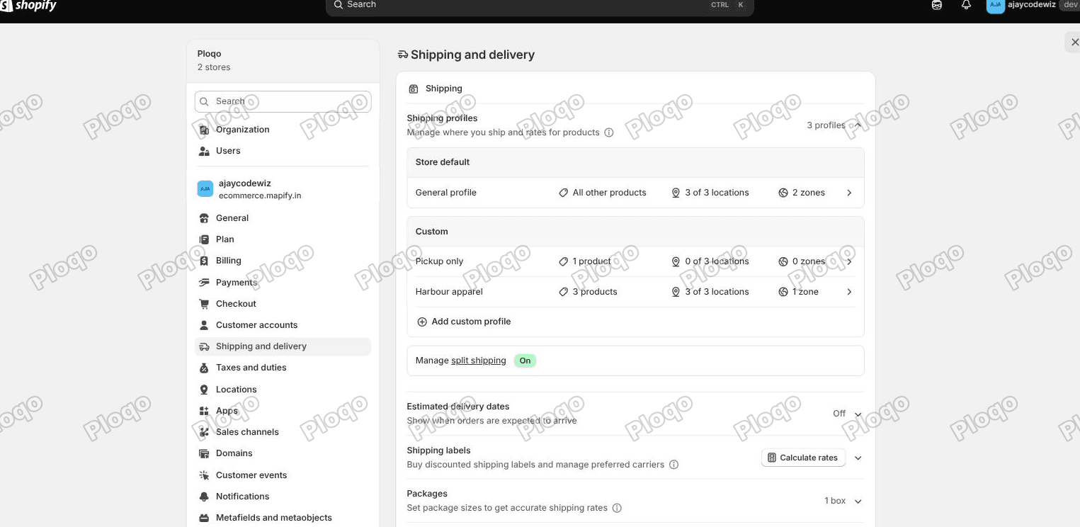 Settings, Shipping and delivery in the Shopify admin, showing the Store default General profile and custom profiles below it, with Add custom profile underneath