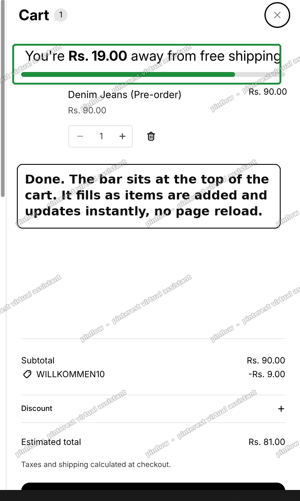 Free shipping progress bar at the top of the Shopify cart drawer, showing how much more to spend