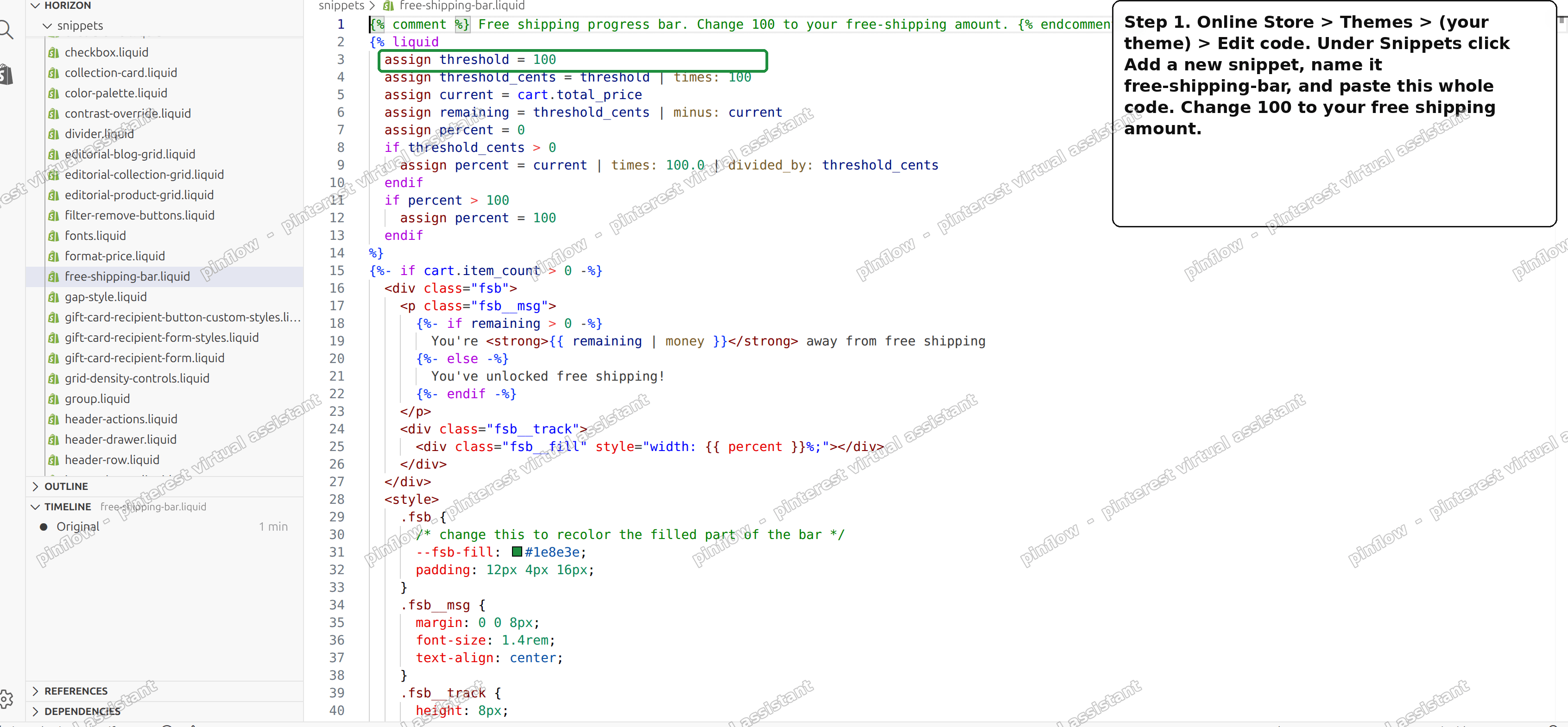 Creating the free-shipping-bar snippet in the Shopify code editor and pasting the code