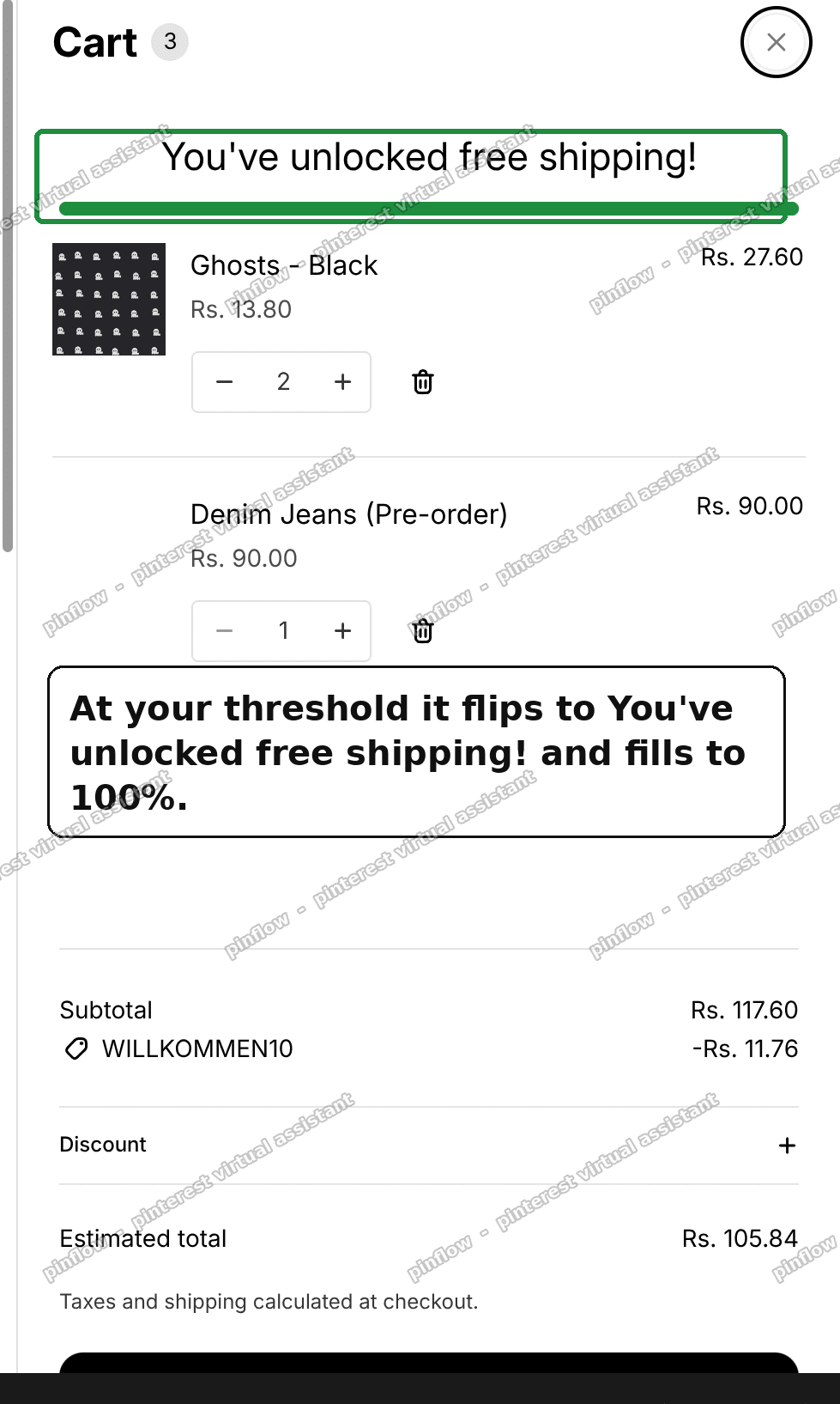 Cart drawer showing You've unlocked free shipping with the bar filled to 100 percent