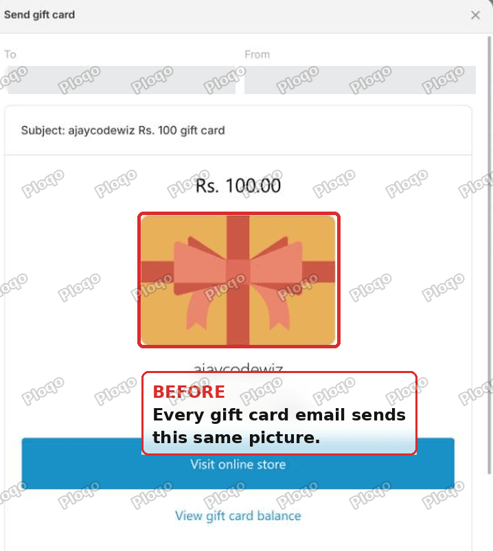 The default Shopify gift card email showing a generic orange and pink gift box illustration