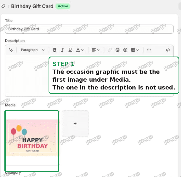 The gift card product page with the occasion artwork as the first image under Media