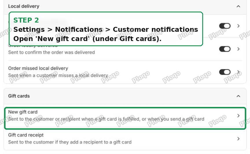 Settings, Notifications, Customer notifications, with New gift card under the Gift cards group