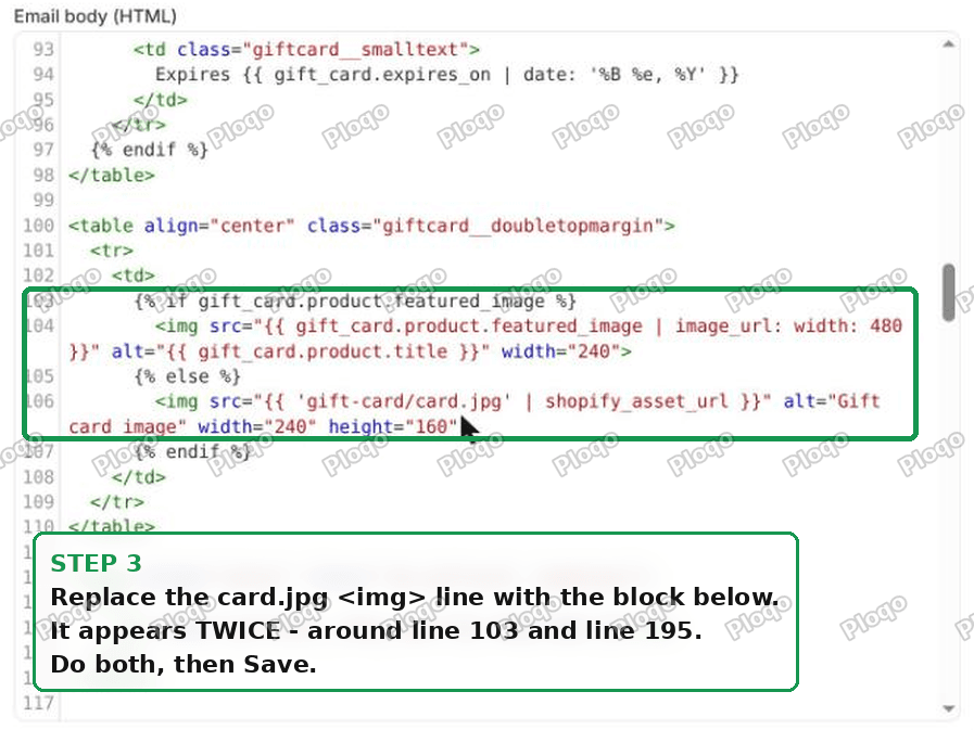 The replacement Liquid block in the New gift card notification template