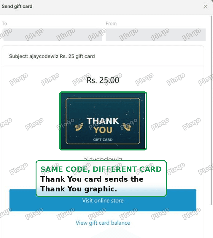 The gift card email showing the Thank You artwork, produced by the same code