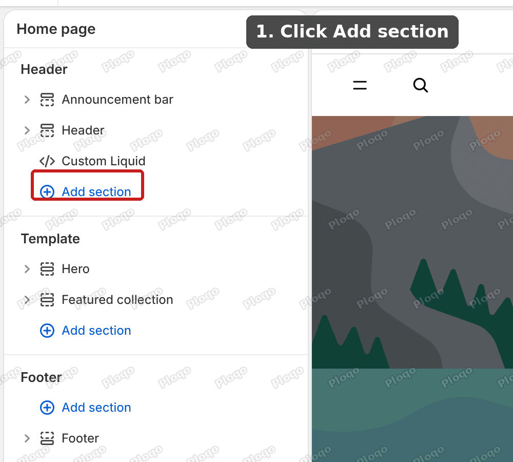 The theme editor with the Header group open and the Add section button highlighted