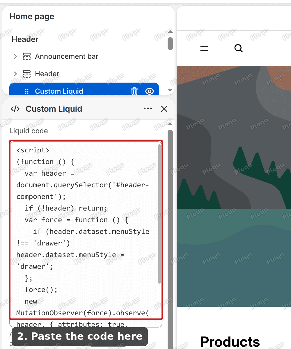 The Custom Liquid box in the theme editor with the code pasted in
