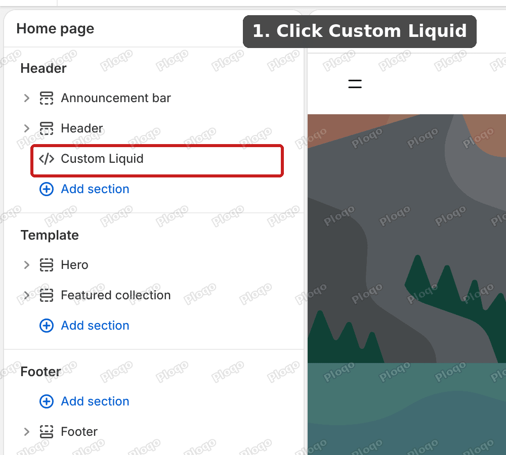 The Header group in the theme editor with the Custom Liquid section highlighted