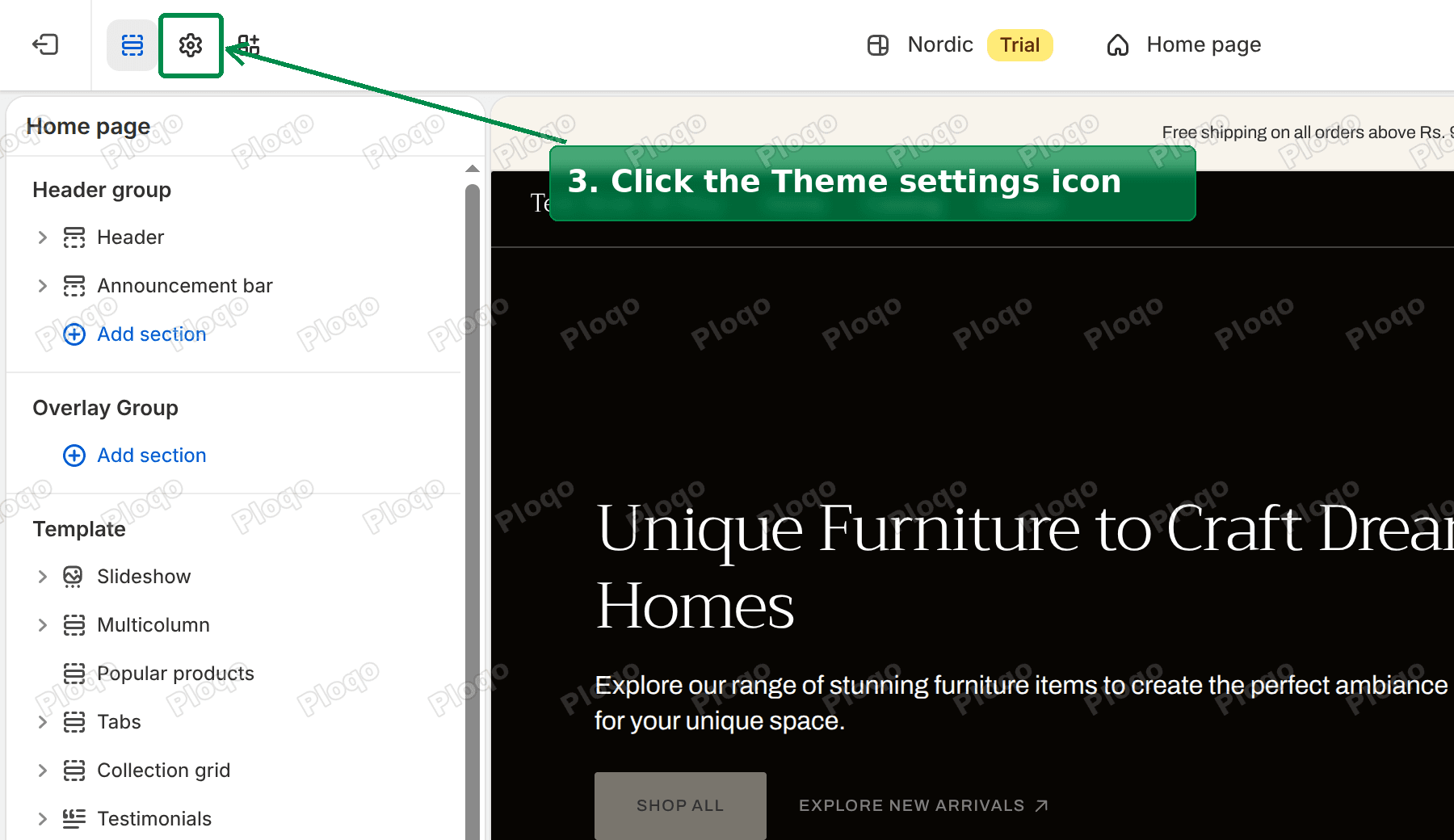 Click the Theme settings icon at the top of the left panel