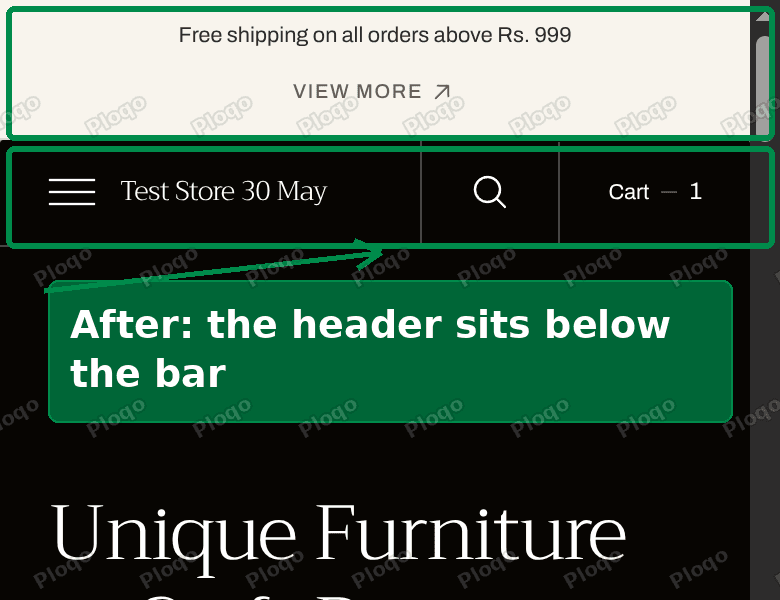 After: the header sits below the announcement bar on a phone