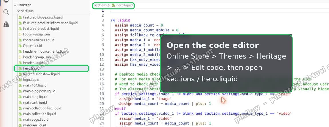 Online Store, Themes, Edit code, sections/hero.liquid