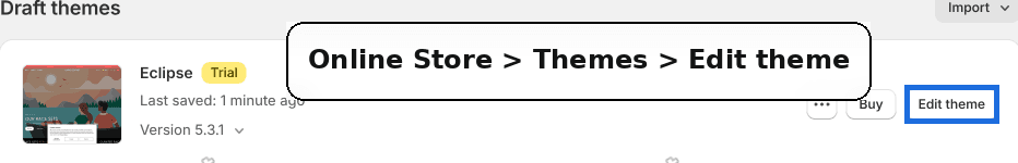 Online Store Themes page with the Edit theme button on the Eclipse theme