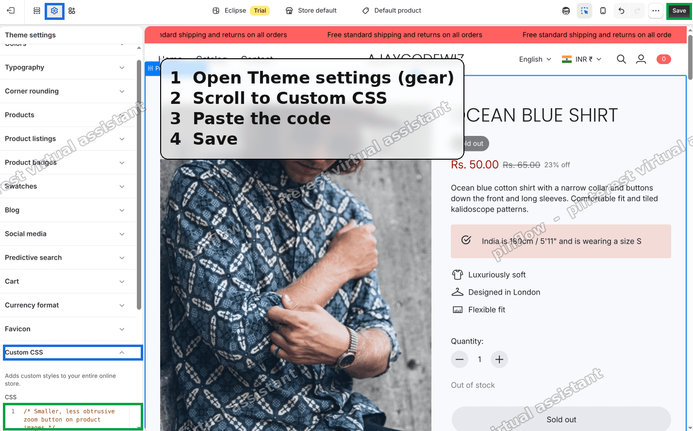 Eclipse theme editor open on Theme settings with Custom CSS highlighted in the sidebar