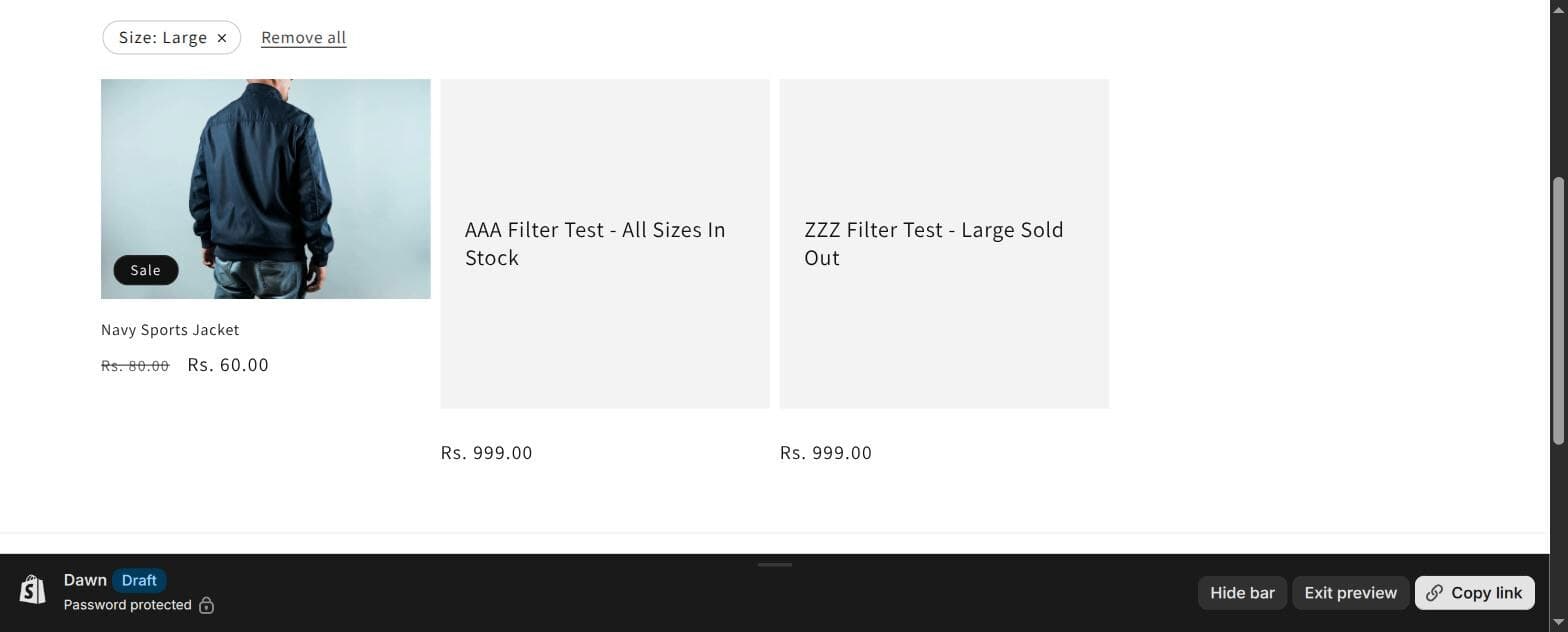 Collection filtered by size, still showing a product whose filtered size is sold out