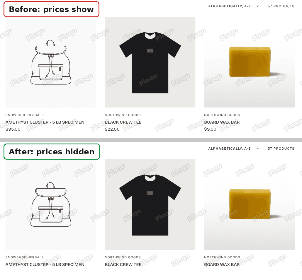 Collection page of a Glamour theme store, before and after the price rule: the price under each product name is gone