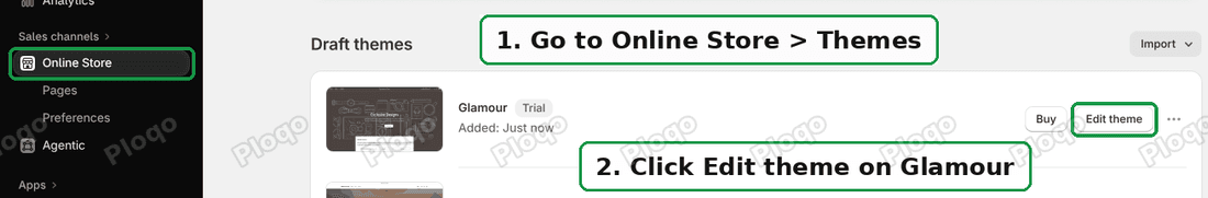 Online Store, Themes page with the Edit theme button on the Glamour theme card