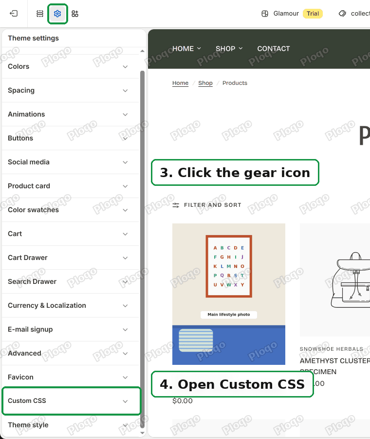 Theme settings gear icon at the top left, and Custom CSS near the bottom of the Theme settings list
