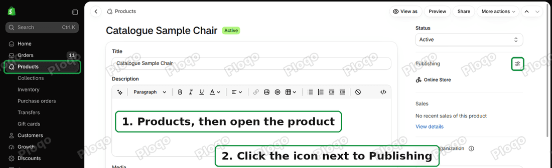 Product page in the Shopify admin with the Publishing card and its settings icon marked