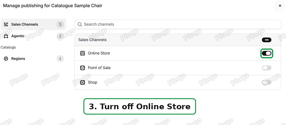 Manage publishing window with the Online Store switch marked