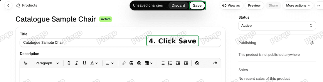 The Unsaved changes bar with the Save button marked, on a product page