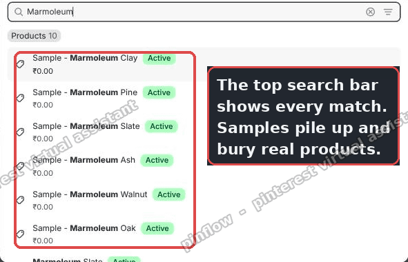 The admin top search bar floods with sample products and buries the real ones
