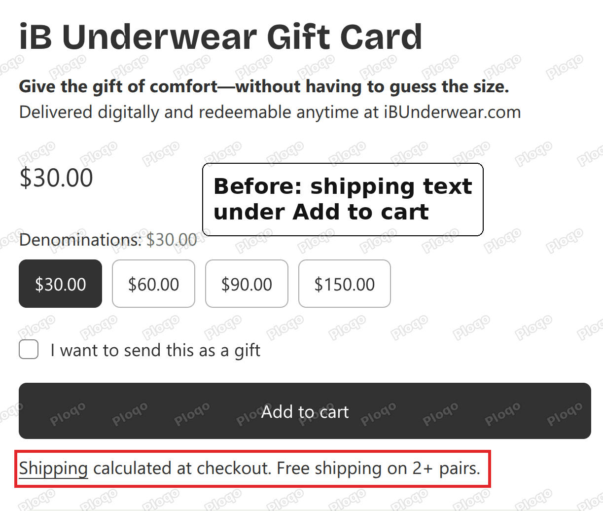 The iB Underwear gift card page with the line Shipping calculated at checkout under the Add to cart button