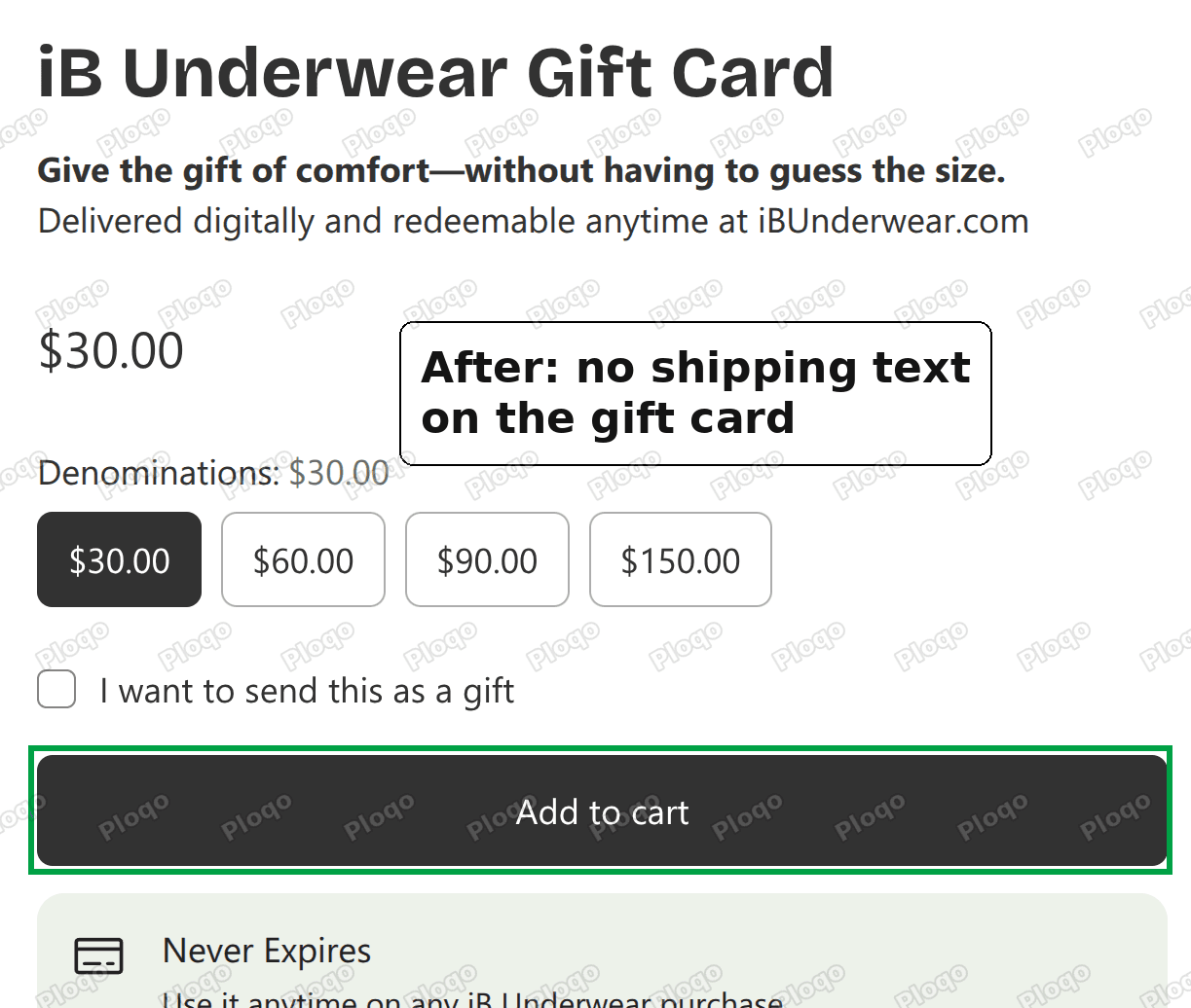 The same gift card page with the shipping line removed from under the Add to cart button