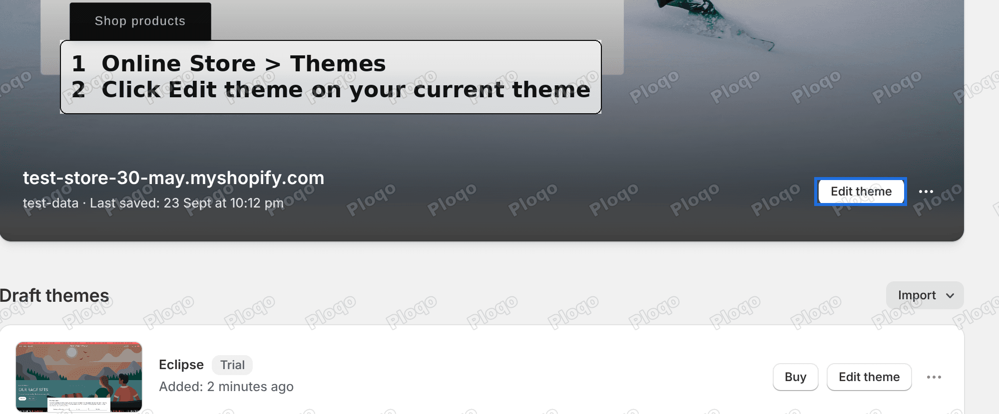 The Online Store Themes page with the Edit theme button on the current theme highlighted